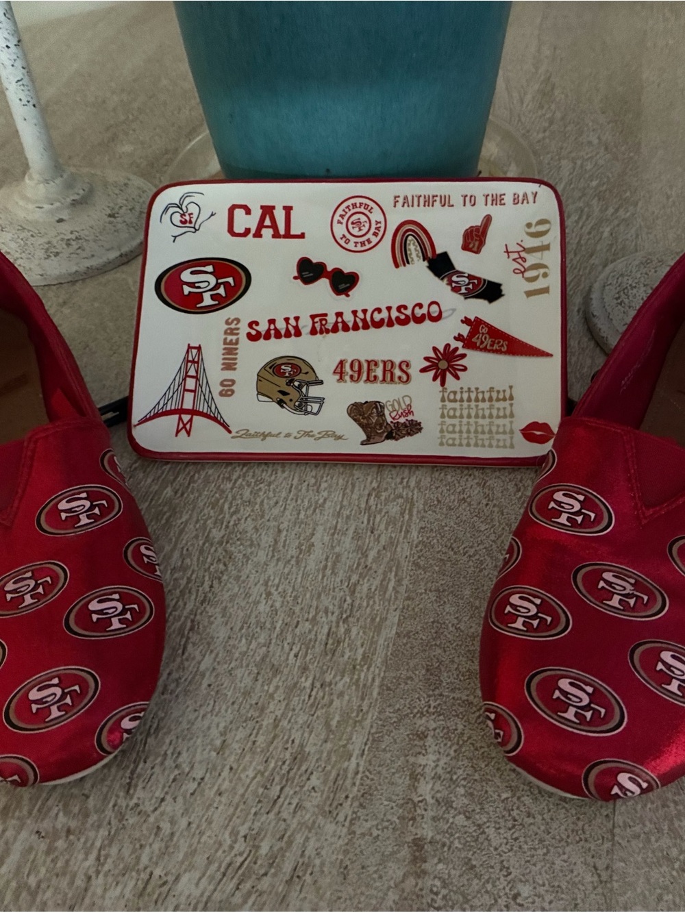 Red Metallic Slip-On Flats with Team Logo Pattern